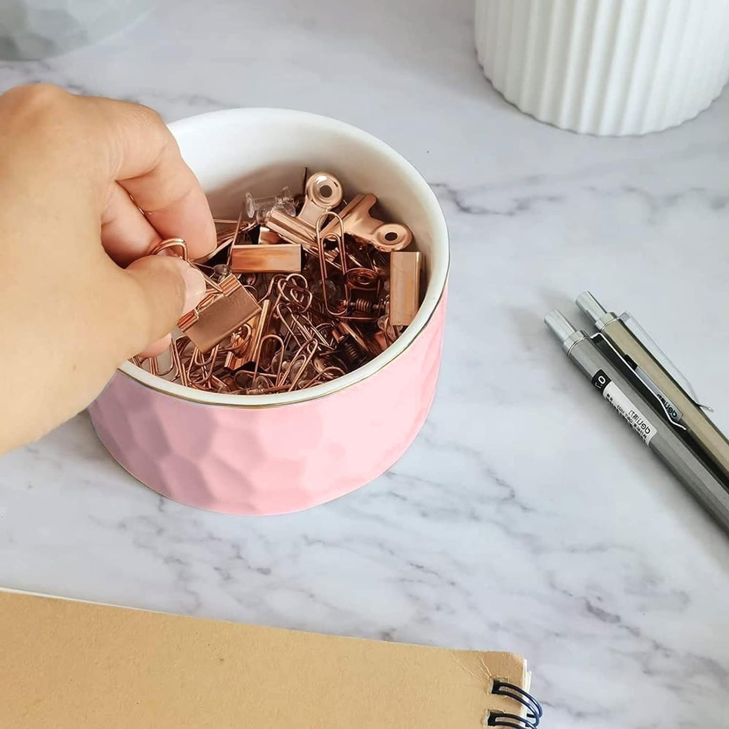 Paper Clip Holder Ceramic Paper Clip Holders Paperclips Holder Dispenser Cute Paper Clip Organizer for Desk Binder Clip Holder Bobby Pin Hair Clip Holder Gift for Office (Geo-Pink)