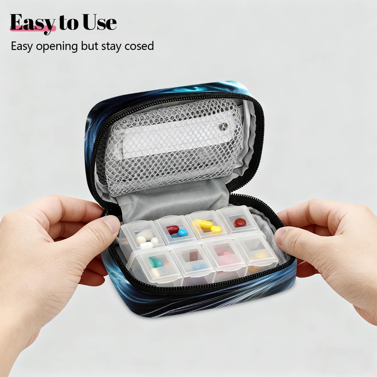 Abstract Art Neon Cat Pill Organizer Travel Medicine Case with Zipper Daily Vitamin Storage Bag Portable 8 Slot Weekly Pill Box Supplement Holder for Home Office Gym Travel