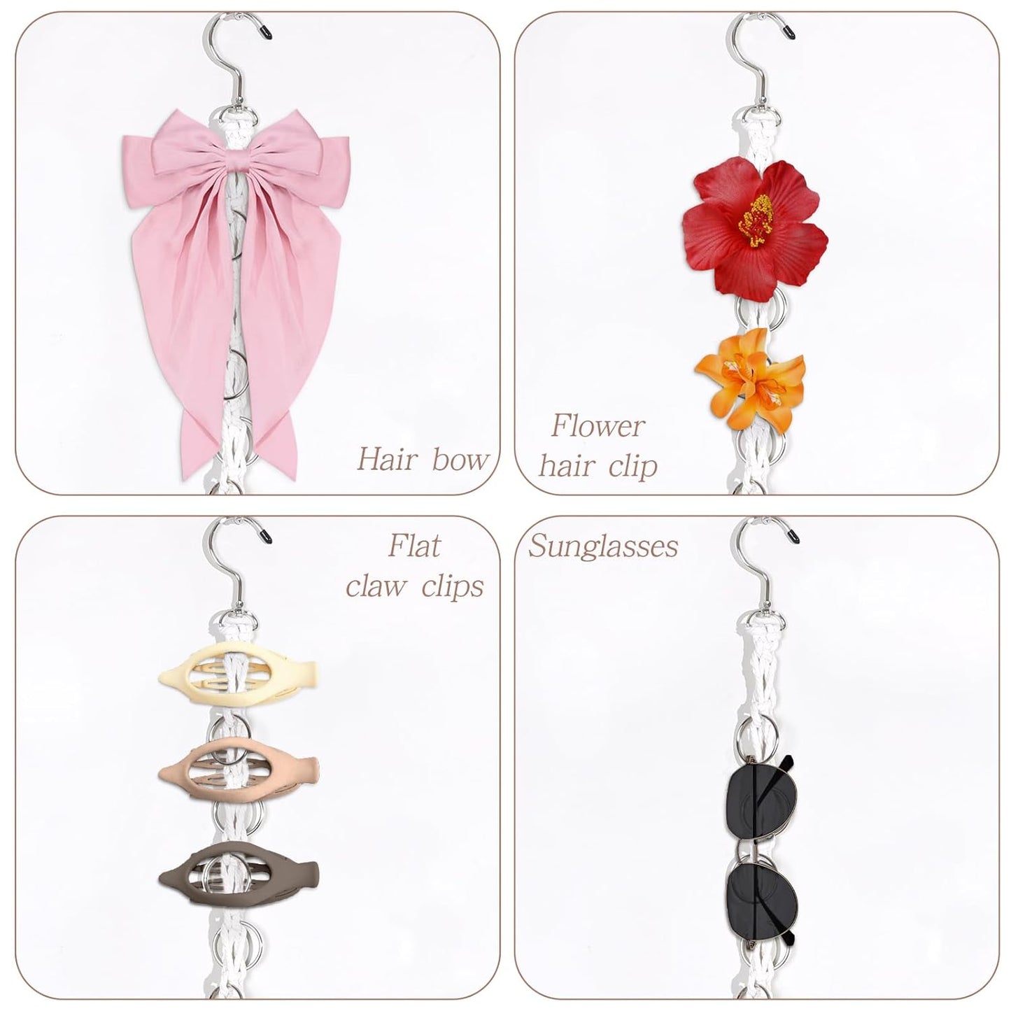 SNOWSTAR Macrame Hair Claw Clip Organizer with Rotating Hook and 20 Metal Rings,Hanging Hair Clip Holder and Storage for Women Girls,Claw Clips Hanger Home Decor for Wall,Door,Closet