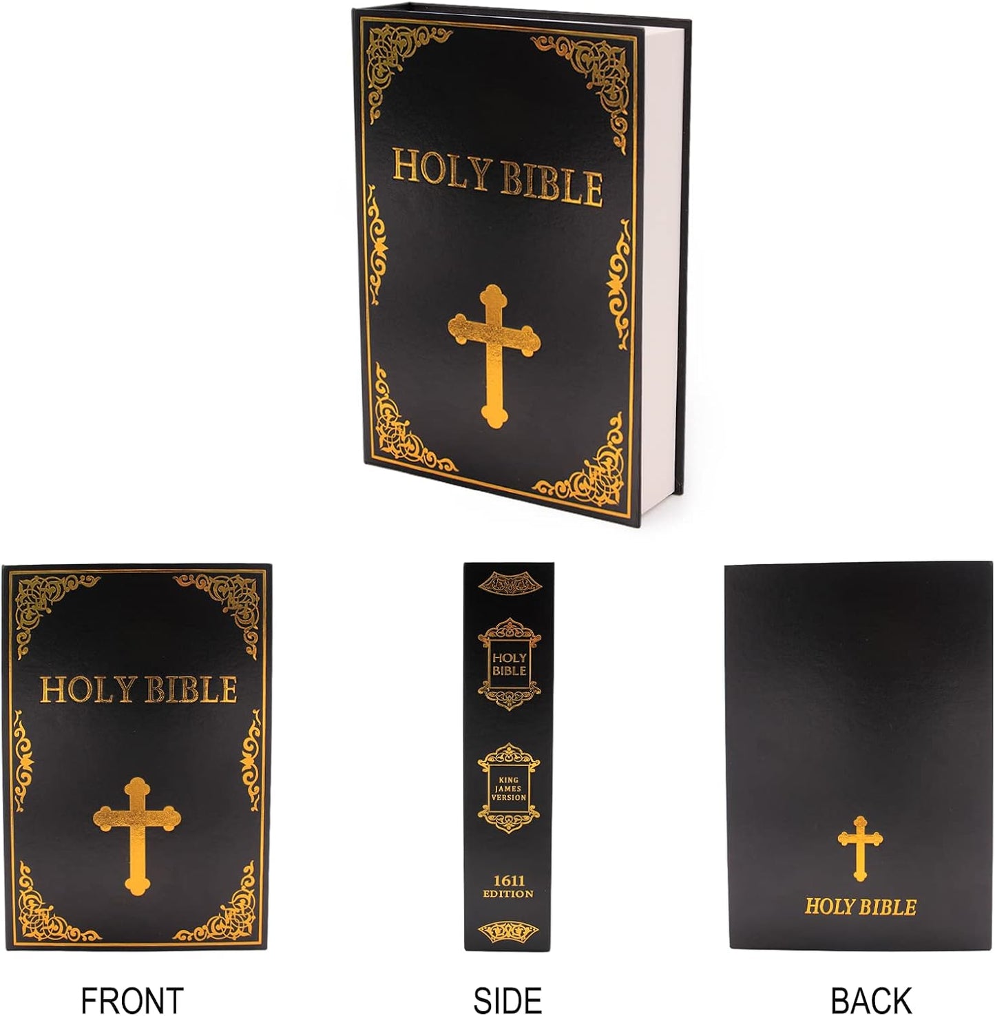 Leather Book Safe (Size 8.7"×6"×2") Real Paper Secret for Jewelry, Money and Cash, Diversion Book Safe,Hollow with Hidden,Key Lock (M, Bible-Key)