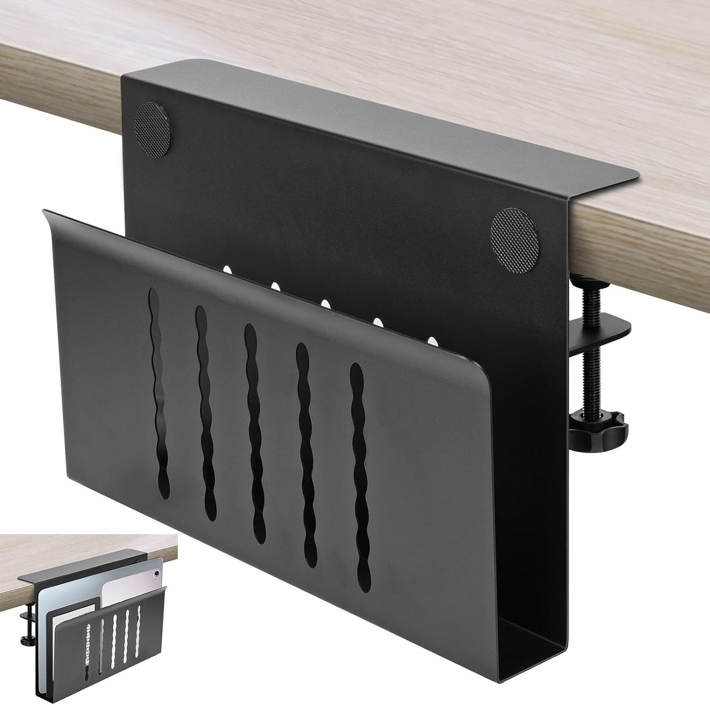 Desk Side Storage, Under Desk Storage, No Drill Steel Hanging Desk Organizer, Laptop Holder, Desk Storage Holder for Office & Home.(Black)