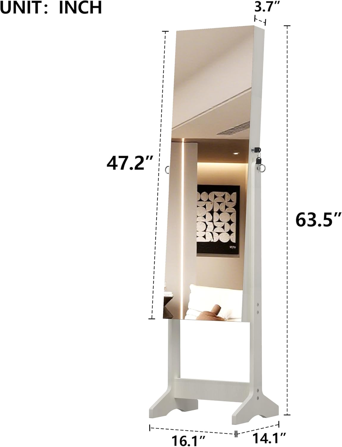 Montary Jewelry Cabinet Armoire with Full Length Mirror with stand, Freestanding Jewelry Armoire Organizer, Lockable Storage Cabinet, Interior Lighted Mirror, White