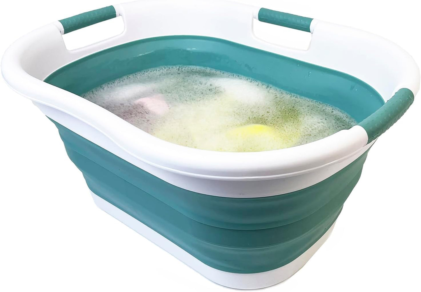 SAMMART 40L (10.5 gallon) Collapsible Plastic Laundry Basket - Foldable Storage Container- Portable Washing Tub - Space Saving Hamper (1, White/Celadon Green)