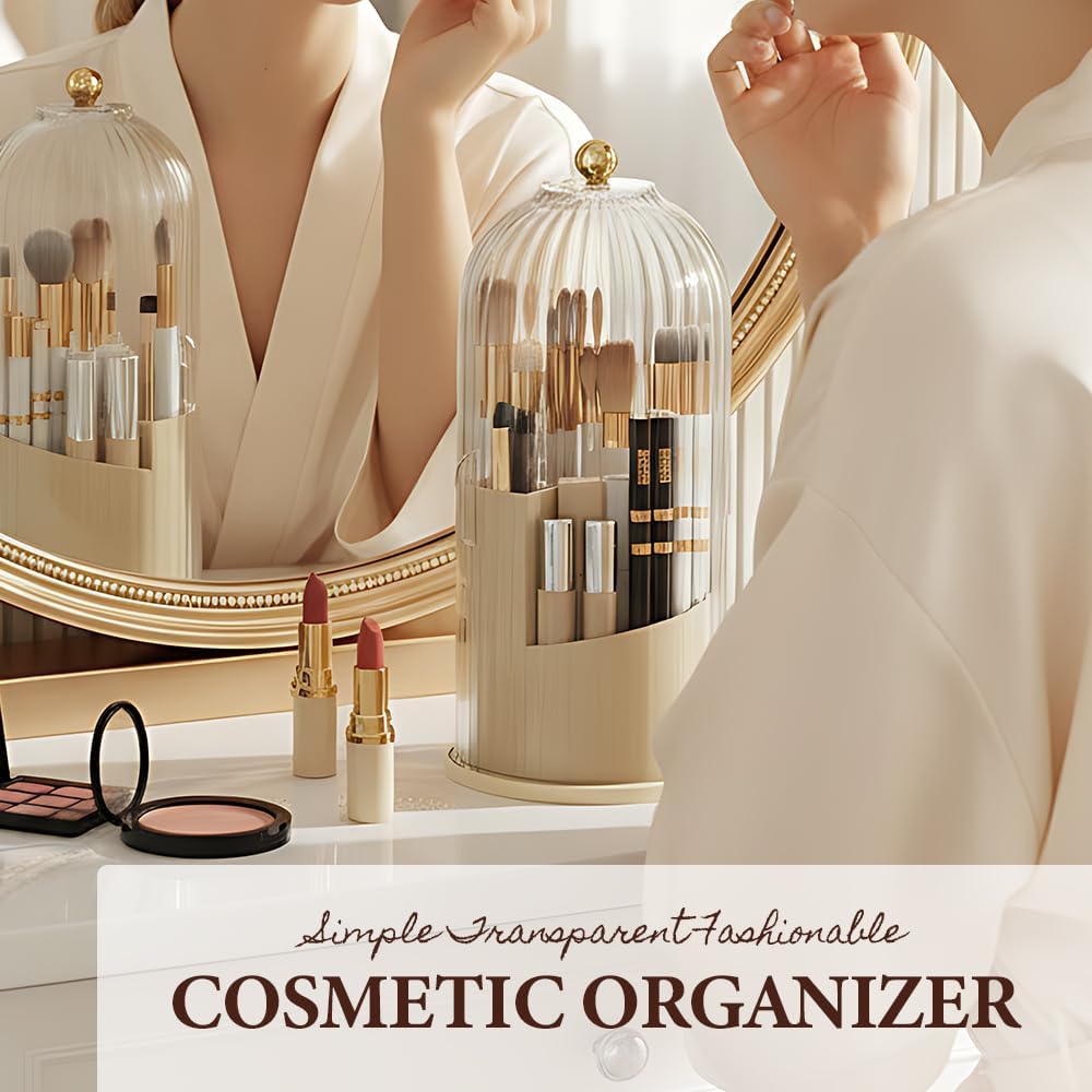 Covered 360° Rotating Makeup Brush Holder, Makeup Organizers with Lid, Clear Cover Brush Holder with Transparent Door Lid for Desktop, No Dust Toothbrush Holders for Vanity and Bath (Clear white)