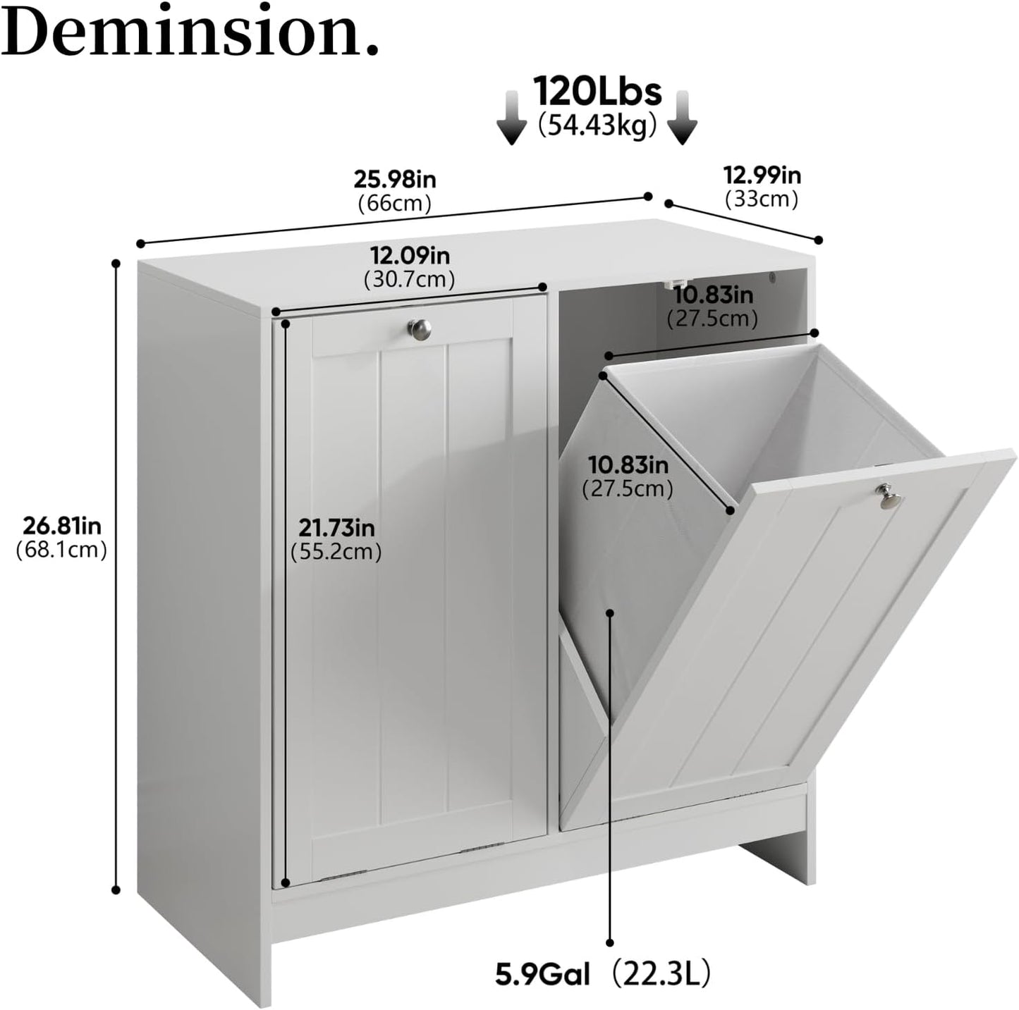Tilt-Out Double Laundry Hamper Cabinet, White, 26.8" H x 26" W x 12" D, 5.9 Gal Capacity, MDF Construction.