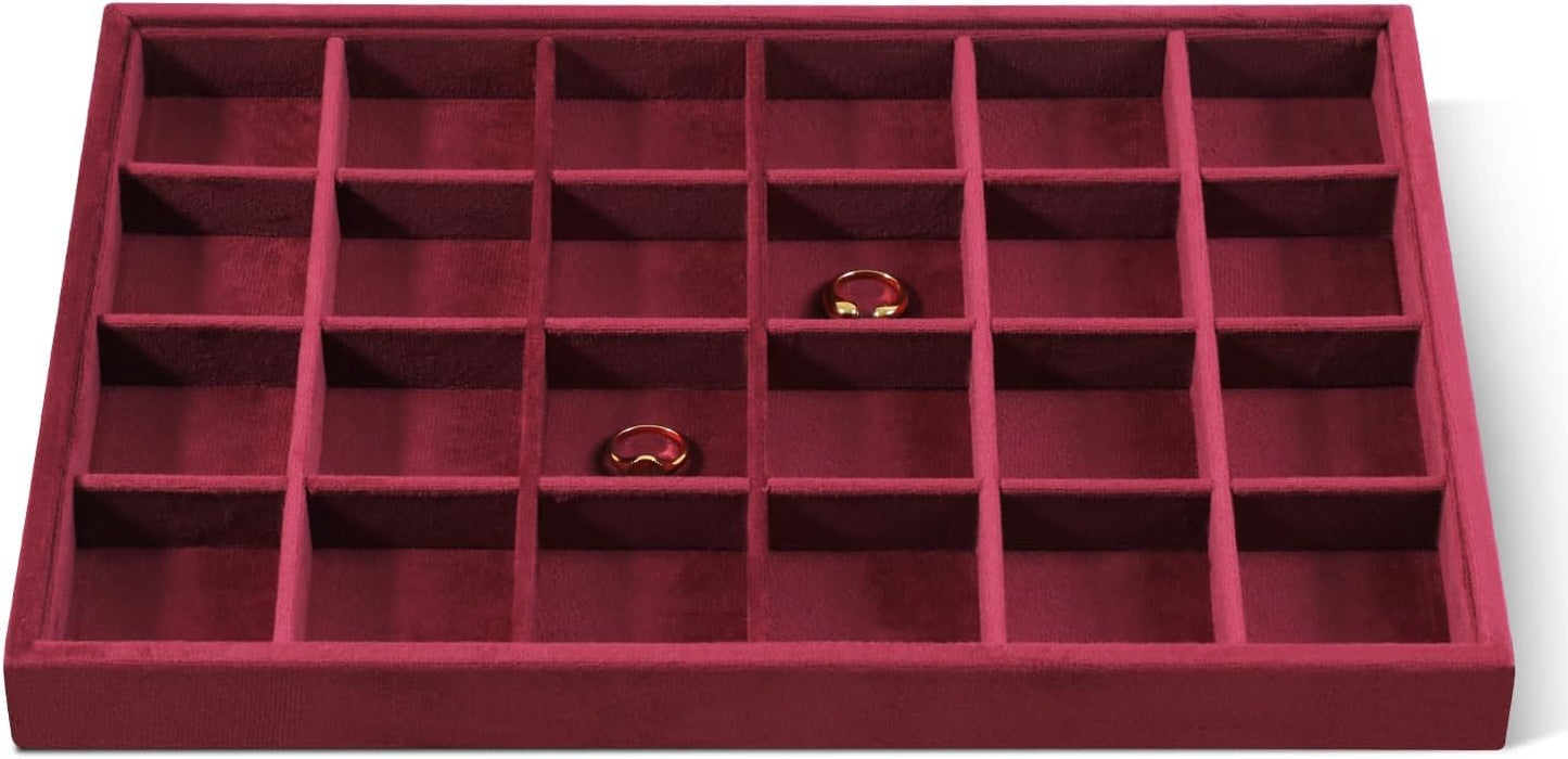 Velvet Stackable Jewelry Display Tray, 24 Grid Earring Ring Storage Tray, Drawer Divider Jewelry Accessories Organizer Plate (Red)