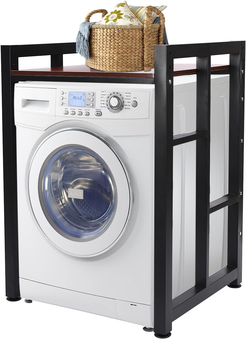 Washer Dryer Stacking Rack Stand, Heavy Duty Washer&Dryer Storage Shelves, Space Saver Stackable Storage Shelf for Laundry Room Apartments Bedrooms (Black, Teak Color)