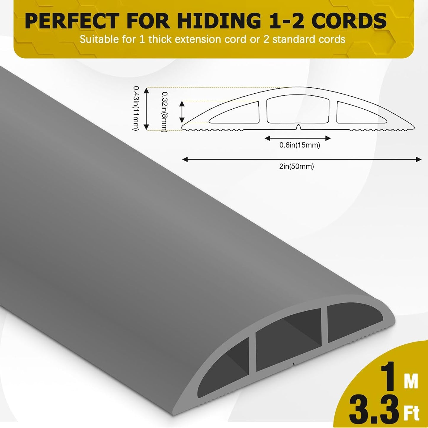 Floor Cord Cover 3.3FT Cord Covers for Wires on Floor Protect Wires & Prevent Trip Hazards, Easy to Cut for Home, Office, School, Concerts, Cavity W0.6in x H0.32in