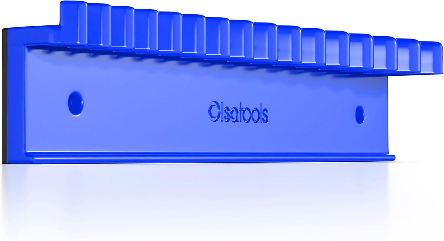 Olsa Tools Magnetic Wrench Organizer, Blue - Wrench Holder Rack - 15 Slot Wrench Storage Rail - SAE and Metric Wrench Holder for Tool Boxes - Scratch Free Magnetic Wrench Organizer - Part: 1876
