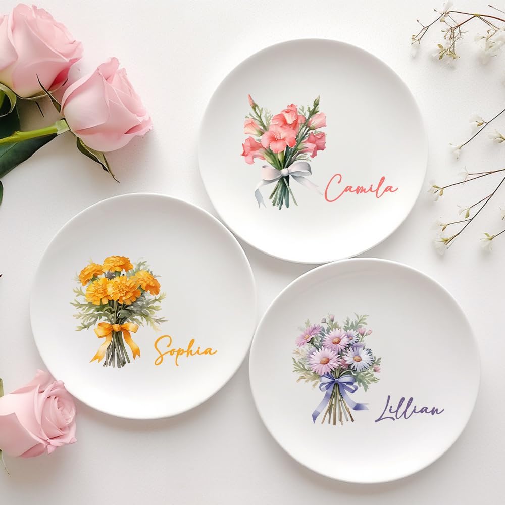 Custom Ceramic Jewelry Tray Birth Flower Personalized Name Decorative Trinket Dish for Rings Earrings Necklaces Birthday Christmas Bridesmaid Gifts for Women Her Size 4"×4"