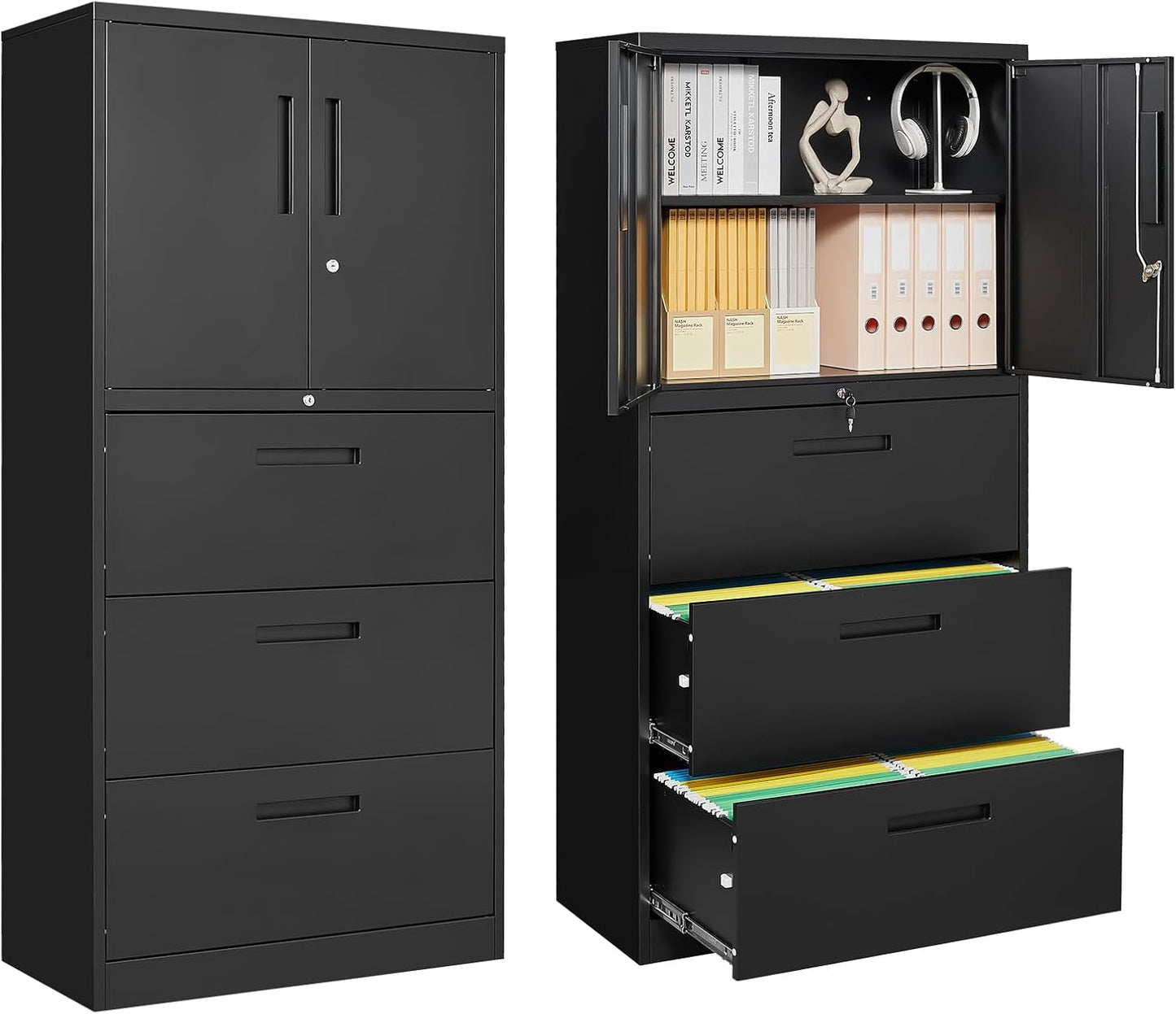 3-Drawer Metal File Cabinet, Lateral Vertical Filing Cabinets for Home Office, Locking File Cabinets with Storage Shelves, Legal/Letter/A4 Size Office File Cabinet (Black, Assemble Required)