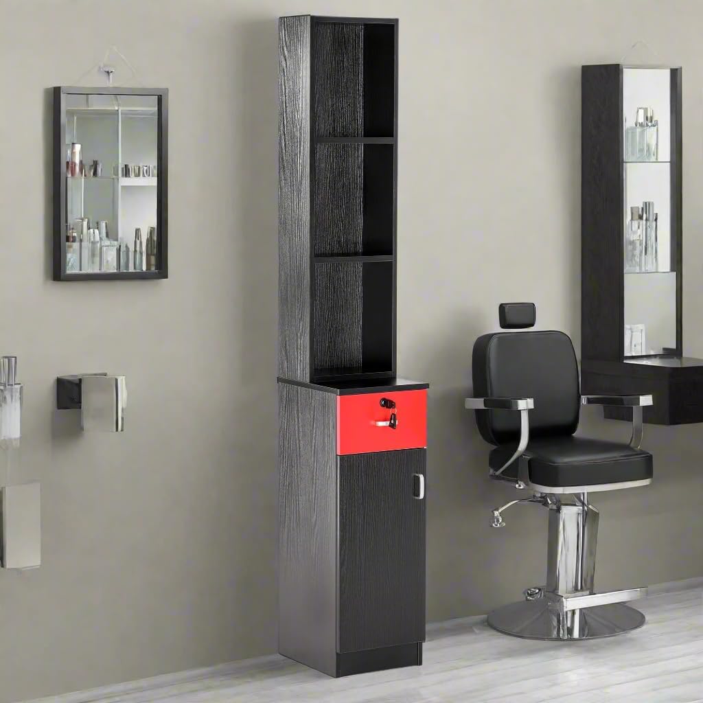 BarberPub Locking Wall Mount Hair Styling Barber Station Drawer Storage Beauty Salon Spa Equipment for Barber Salon 3036-1 (Black&Red)
