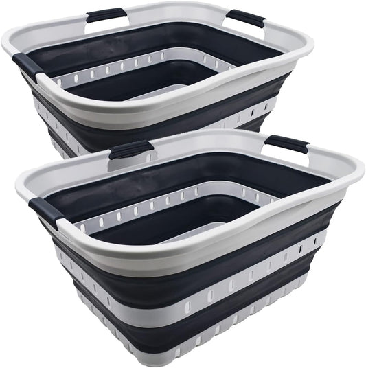 SAMMART 42L (11 gallon) Collapsible Plastic Laundry Basket - Foldable Pop Up Storage Container/Organizer - Portable Basket - Space Saving Hamper (Grey/Slate Grey (Set of 2))