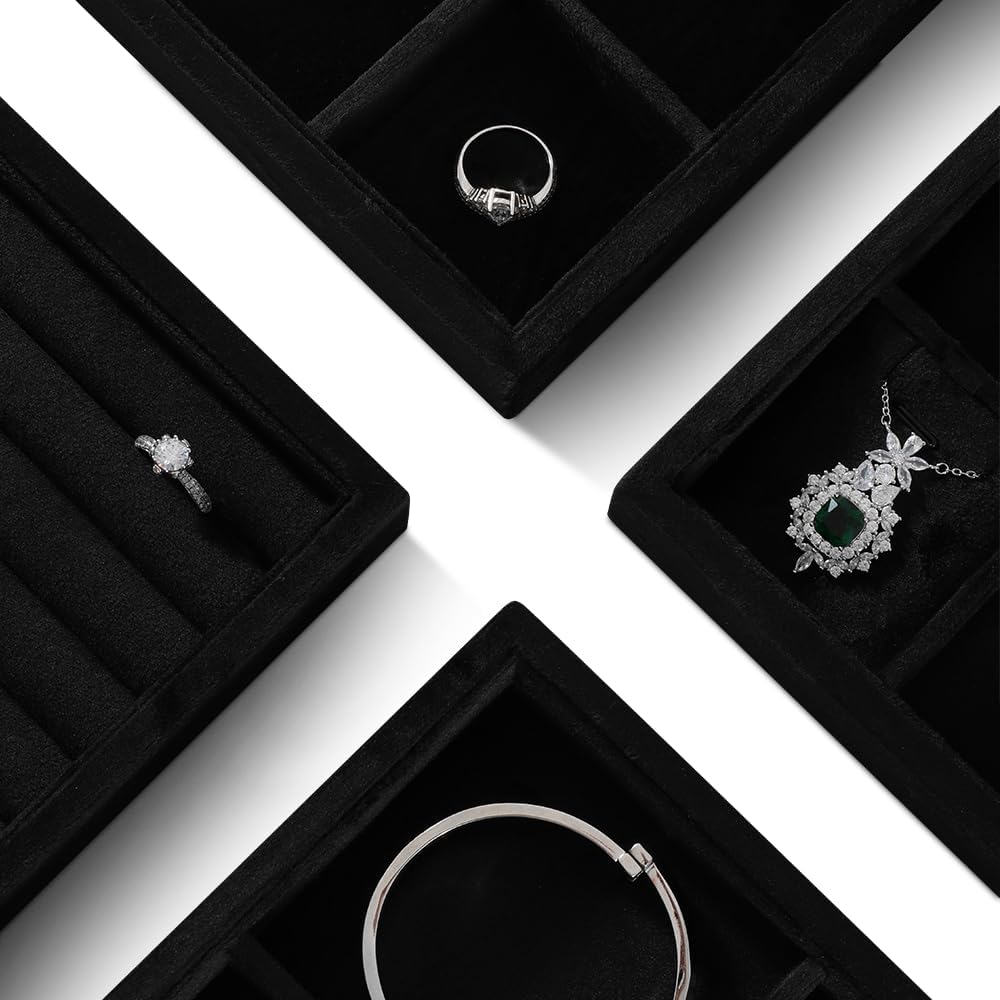 Velvet Stackable Jewelry Display Tray, 24 Grid Earring Ring Storage Tray, Drawer Divider Jewelry Accessories Organizer Plate (Black)