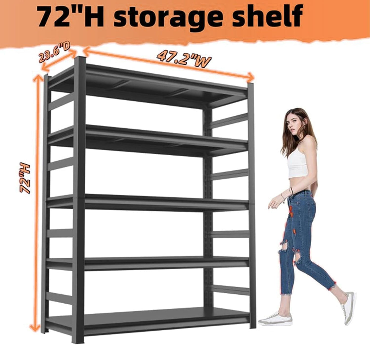 Garage Storage Shelves,5 Tier Shelving Unit, 40 inch Wide, 18” Deep, 78” Tall Organizer Metal Shelf for Basement/Laundry/Pantry Heavy Duty, Adjustable,Easy to Install (5Tier-47"Wx24"Dx72"H with Fence)
