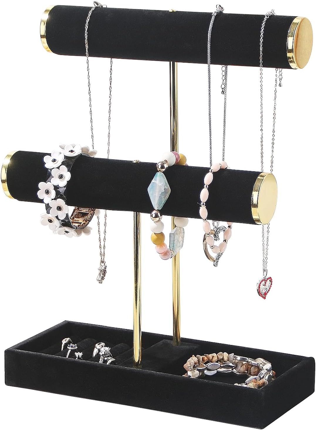 Bracelet Holder, 2-Tier Bracelet Display Stand for Vendors, T-Bar Necklace Scrunchie Storage Rack, Bangle Watch Jewelry Display Tower(Black，2 Tier)