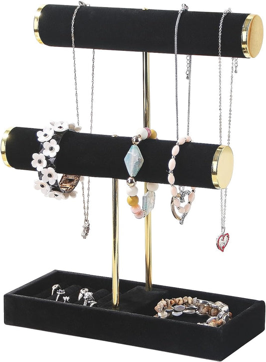 Bracelet Holder, 2-Tier Bracelet Display Stand for Vendors, T-Bar Necklace Scrunchie Storage Rack, Bangle Watch Jewelry Display Tower(Black，2 Tier)