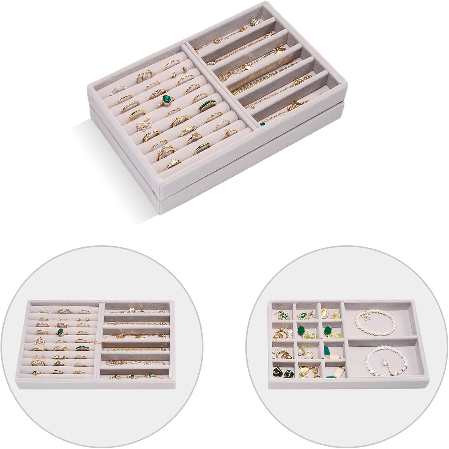 ProCase Stackable Jewelry Organizer Trays for Drawers, Jewelry Drawer Inserts Container Display Case Storage for Earring Necklace Rings Bracelet with Removable Dividers -Grey, 2 Layers
