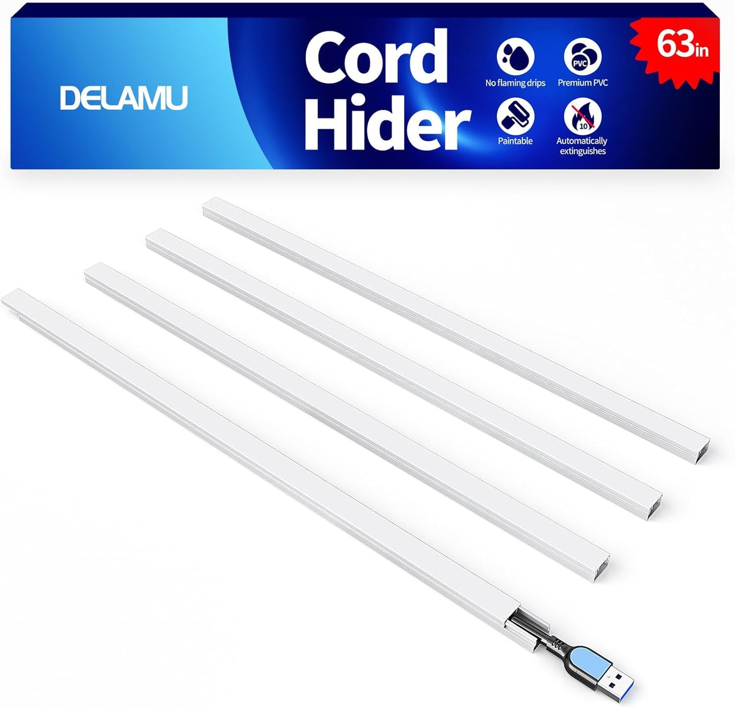 Delamu Cord Hider Wall, 63in Cord Covers for 1 Wire on Wall, Premium Cable Hider Wire Covers for Cords, Self-Adhesive Cable Cover Management, Easy Set-up Wires Hiders for TV, W0.55 H0.4in, White