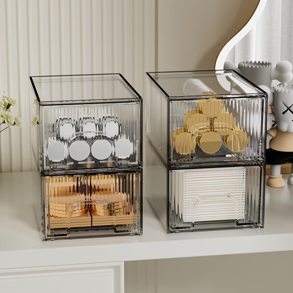 ZHIAI 4 Pack Clear Stackable Storage Drawer, Acrylic Drawer, Cosmetic Organizer, Plastic Organizer for Dresser, Under, Kitchen Cabinet, Pantry, Home Organization and Storage