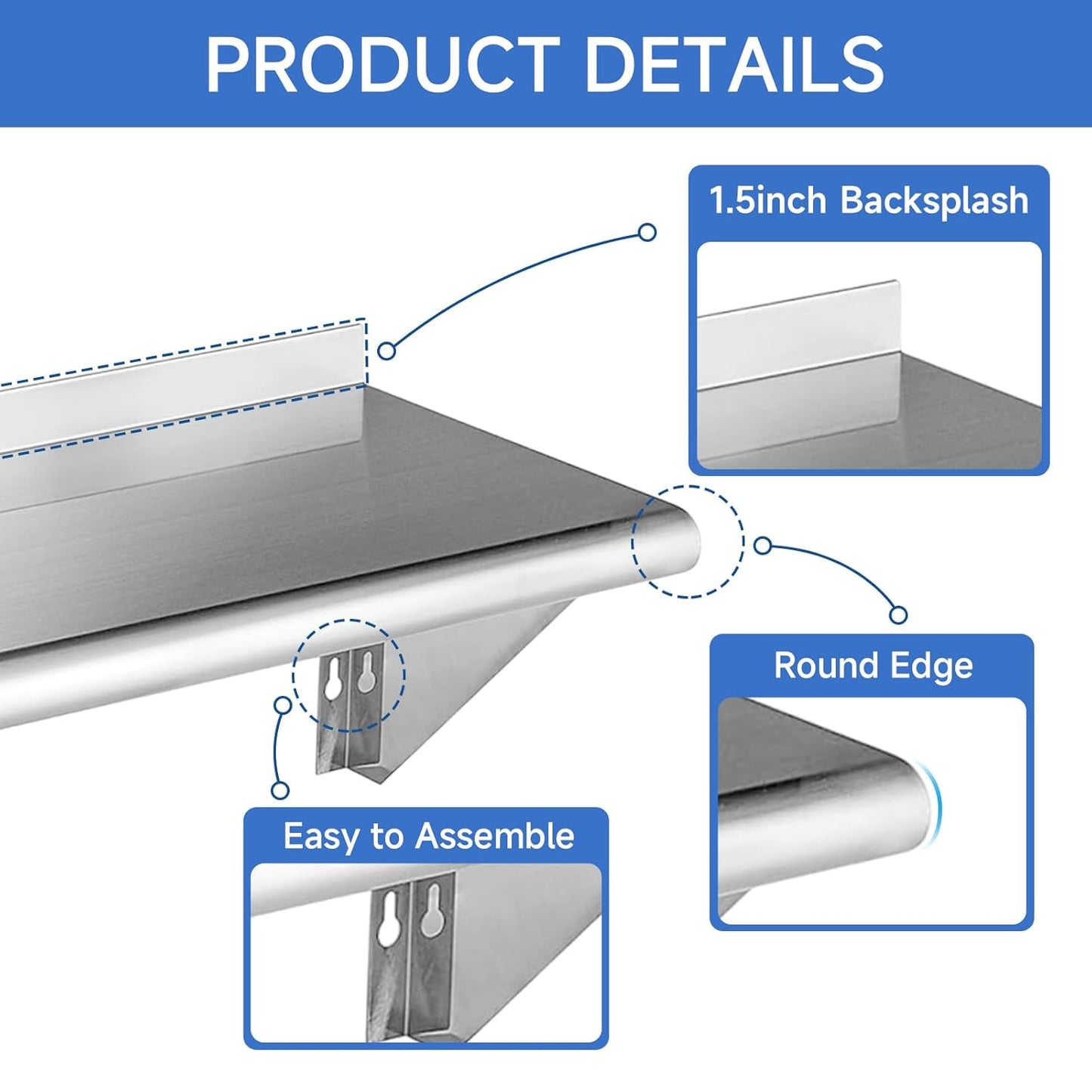 ROCKPOINT Stainless Steel Shelf 12 x 60 Inches 400lb, NSF Metal Commercial Shelves Wall Mount Floating Shelving with Backsplash for Restaurant, Kitchen, Home and Hotel, Silver