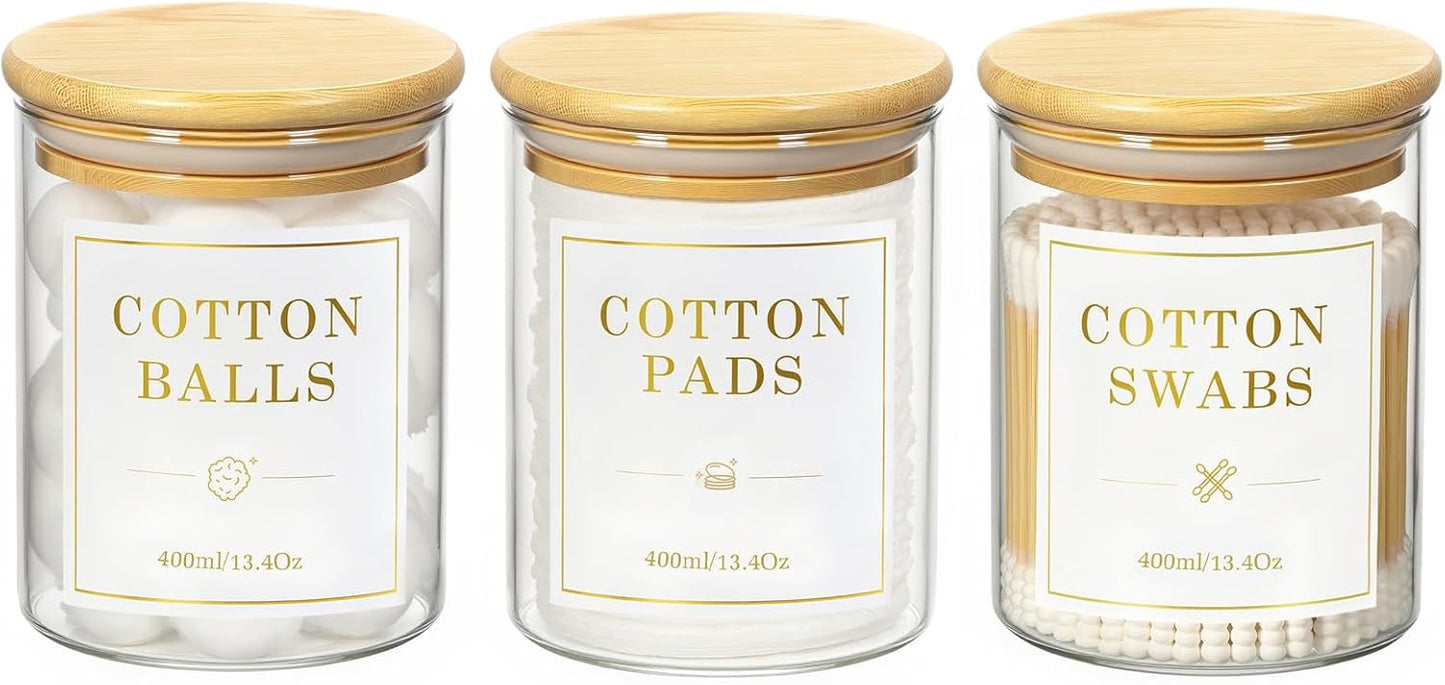 Luxspire 3 Pack Glass Qtip Holder Dispenser, 13.4 oz Cotton Swab Holder with Bamboo Lids, Glass Apothecary Jars Bathroom Accessories Canisters for Cotton Swabs, Balls, Pads, Floss Picks