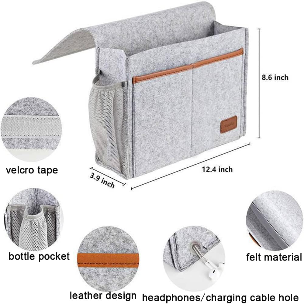Bedside Caddy,Felt Bedside Storage Organizer, Hanging Storage for Dorm Bed Sofa for tablet Magazine Phone Remotes and Water Bottle Holder (Light Grey)
