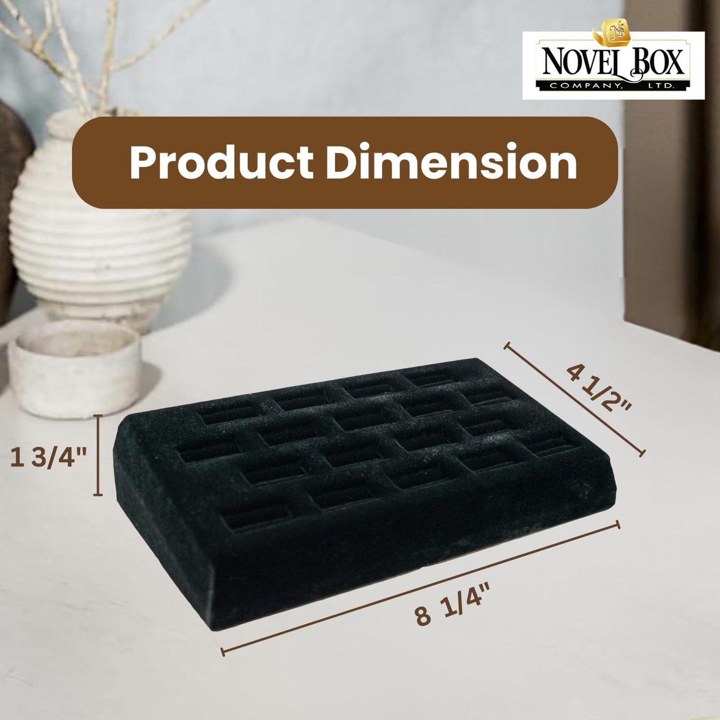 Novel Box 18-Slot Black Velvet Rings/Earrings/Cufflinks Holder Tray 8.25x4.5x1.75 Inches - Ring Holder Organizer for Selling or Personal Use - Jewelry Display Trays for Special Occasions