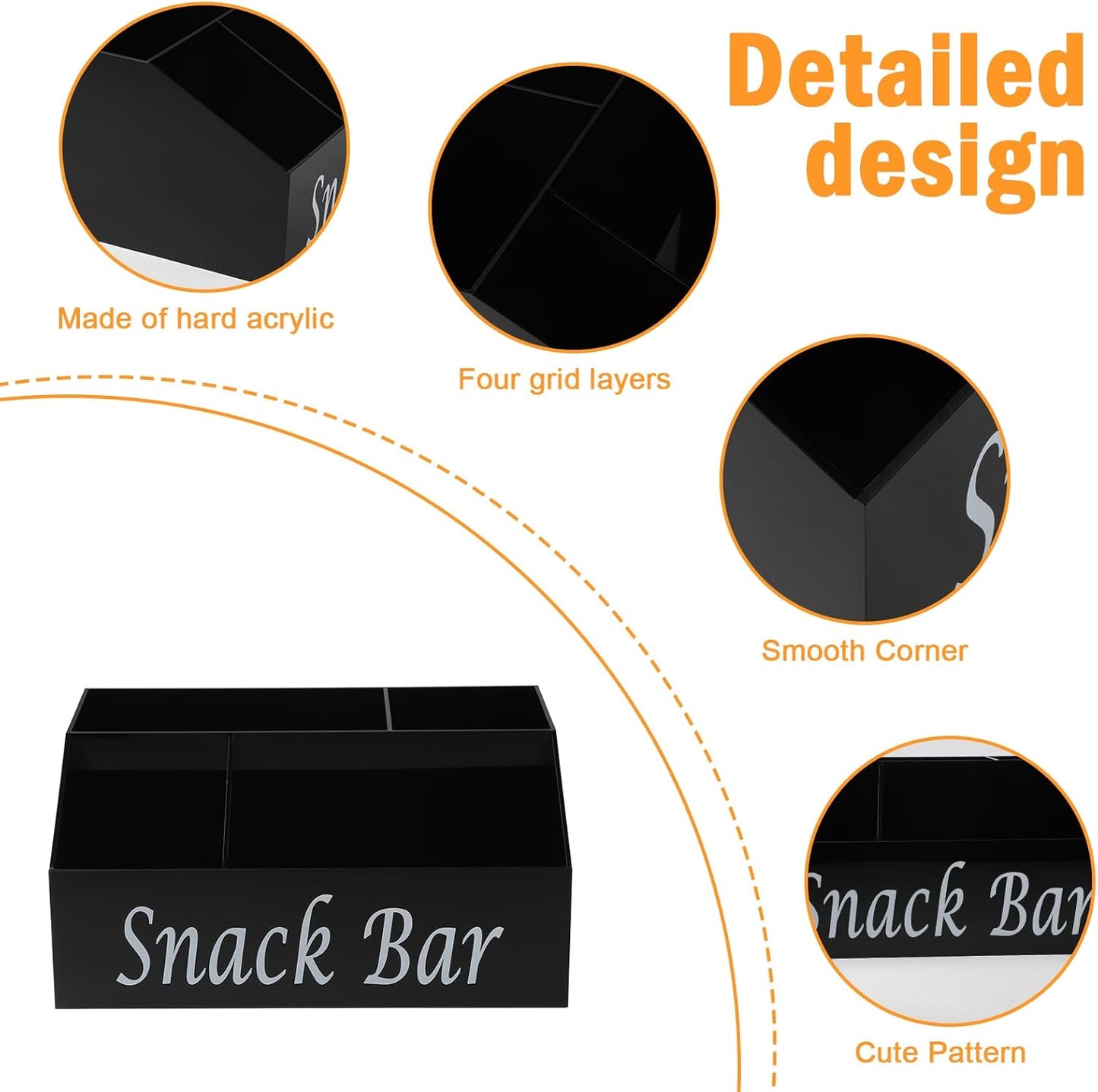 Snack Organizer for Countertop - Acrylic Storage Container With 4 Compartments for Kitchen Cabinet Pantry - Black Snack Bar Station