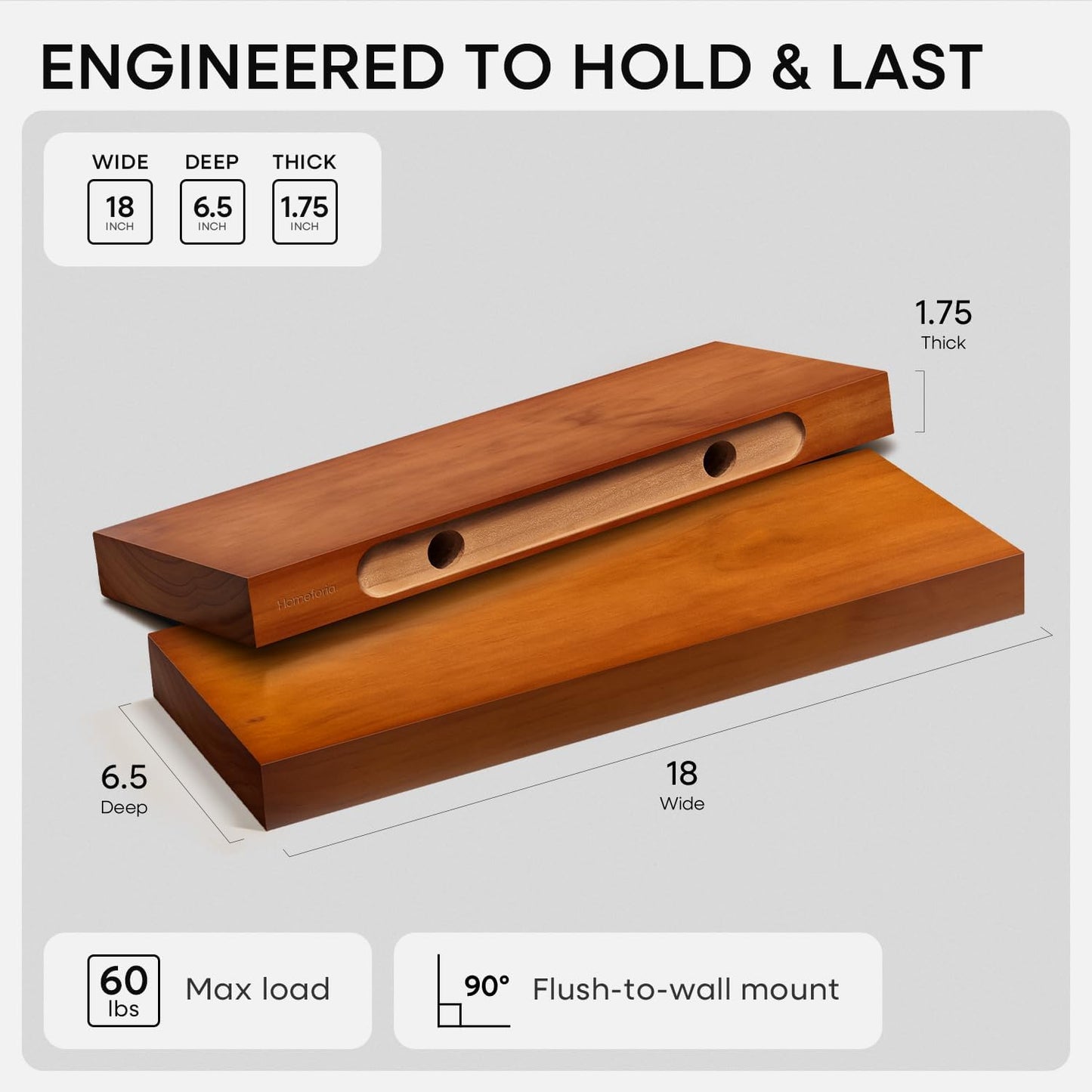 Homeforia 18 inch Floating Shelf Oak, High End Solid Real Wood 18inch Long Floating Shelves for Wall Mounted, Honey Oak Wooden 18in Floating Shelves, Heavy Duty Bracket, 18 X 6.5 X 1.75 inch, Set of 2