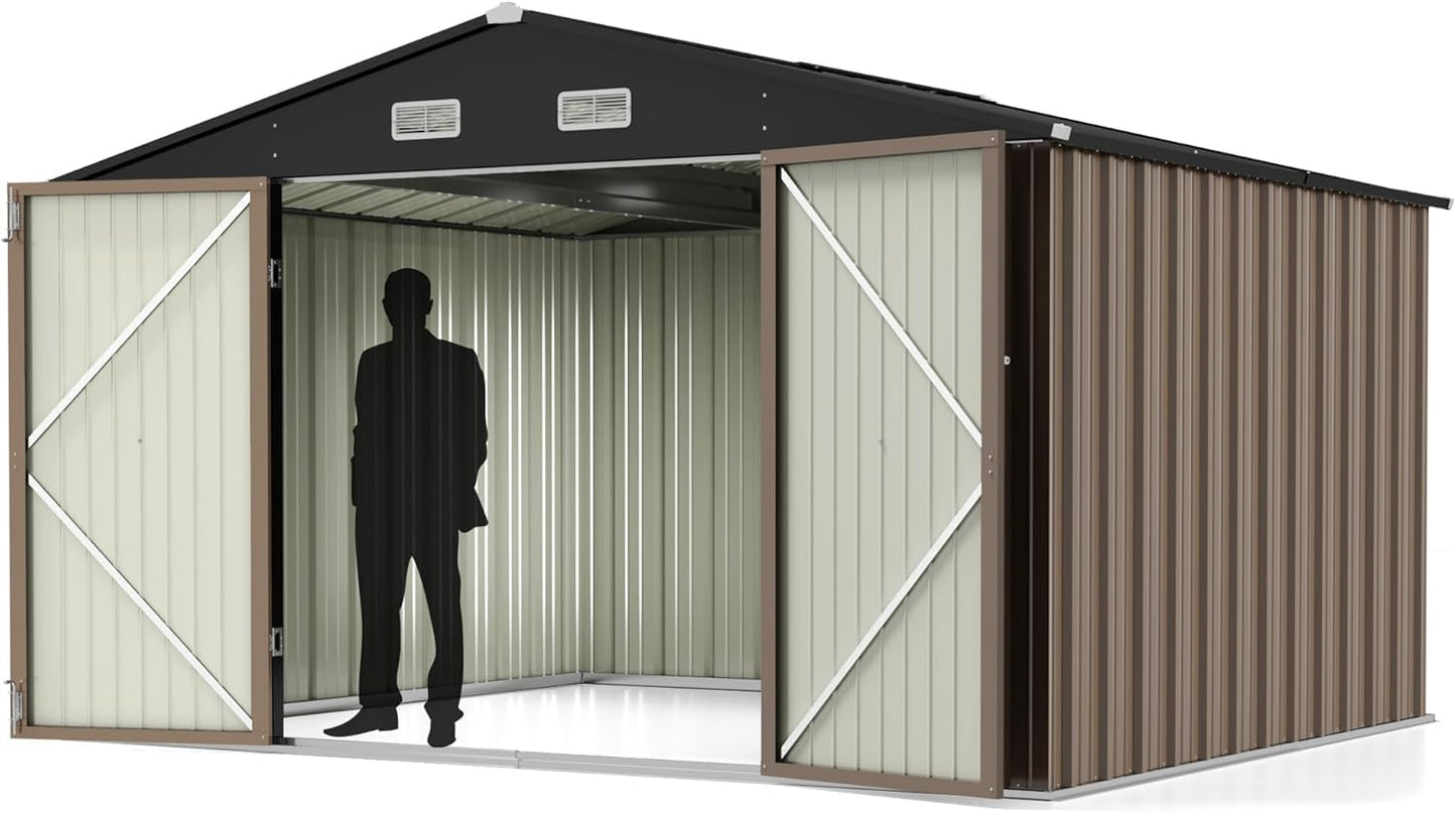Greesum 10x8FT Outdoor Storage Shed, Utility Tool Shed with Sloping Roof, Metal Storaged Garden Shed with Door & Lock for Patio Storage, Brown