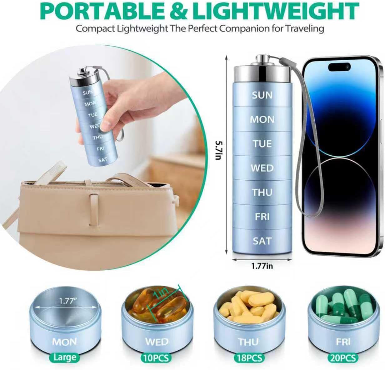 Metal Pill Organizer, Travel Large Weekly Pill Box, Portable Aluminum Alloy Waterproof Pill Case Container, 7 Day Daily Medicine Organizer Holder for Vitamin, Fish Oil, Supplement, Blue