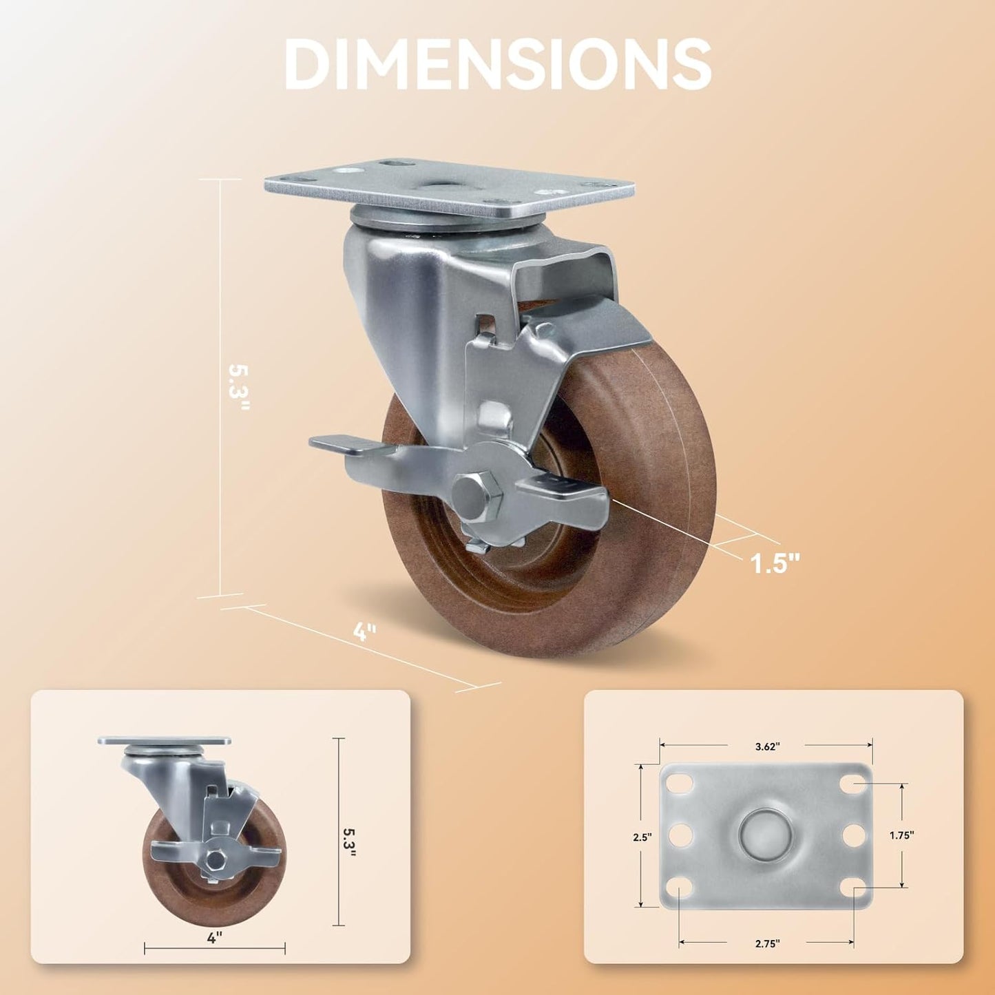 4" Hi-Temp Glass FiIled Nylon Casters, Heavy Duty Casters Set of 4, Industrial Caster Wheels for Commercial Kitchen, Bakery - 2400 lbs Capacity(2 Swivel & 2 Brake)