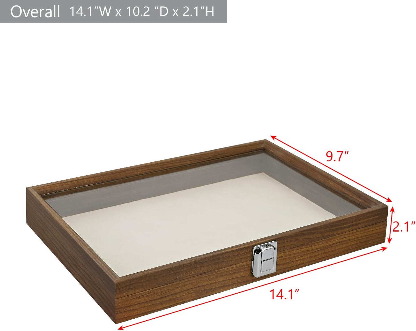 MOOCA Jewelry Display Case, Display Case Accessories Storage Box with Tempered Glass Hinge Lid, Jewelry Tray for Collectibles, Walnut Color, 14.1W x 10.2D x 2.1H in