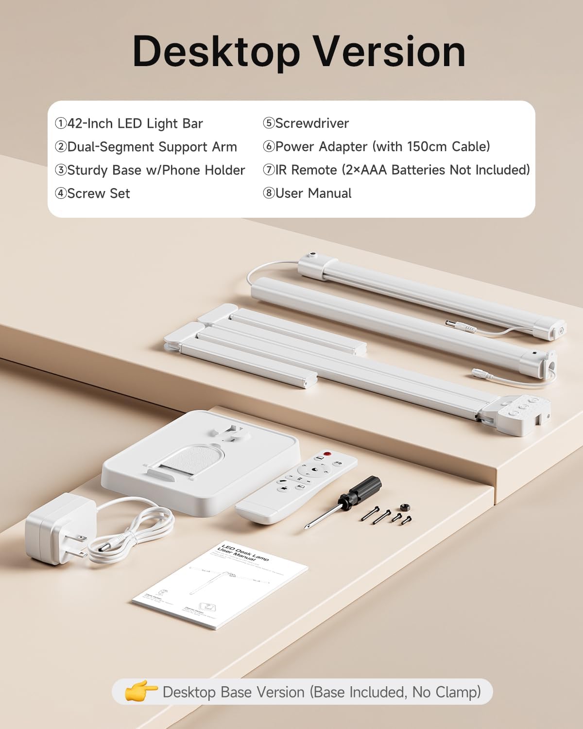 ONEMIX 42" LED Desk Lamp for Home Office, Eye-Caring Desk Light with Adjustable 4-Segment Bar, 1800LM Bright, Remote, Architect Table Lamp with Base for Dual Monitors, Reading, Study, Workbench(White)