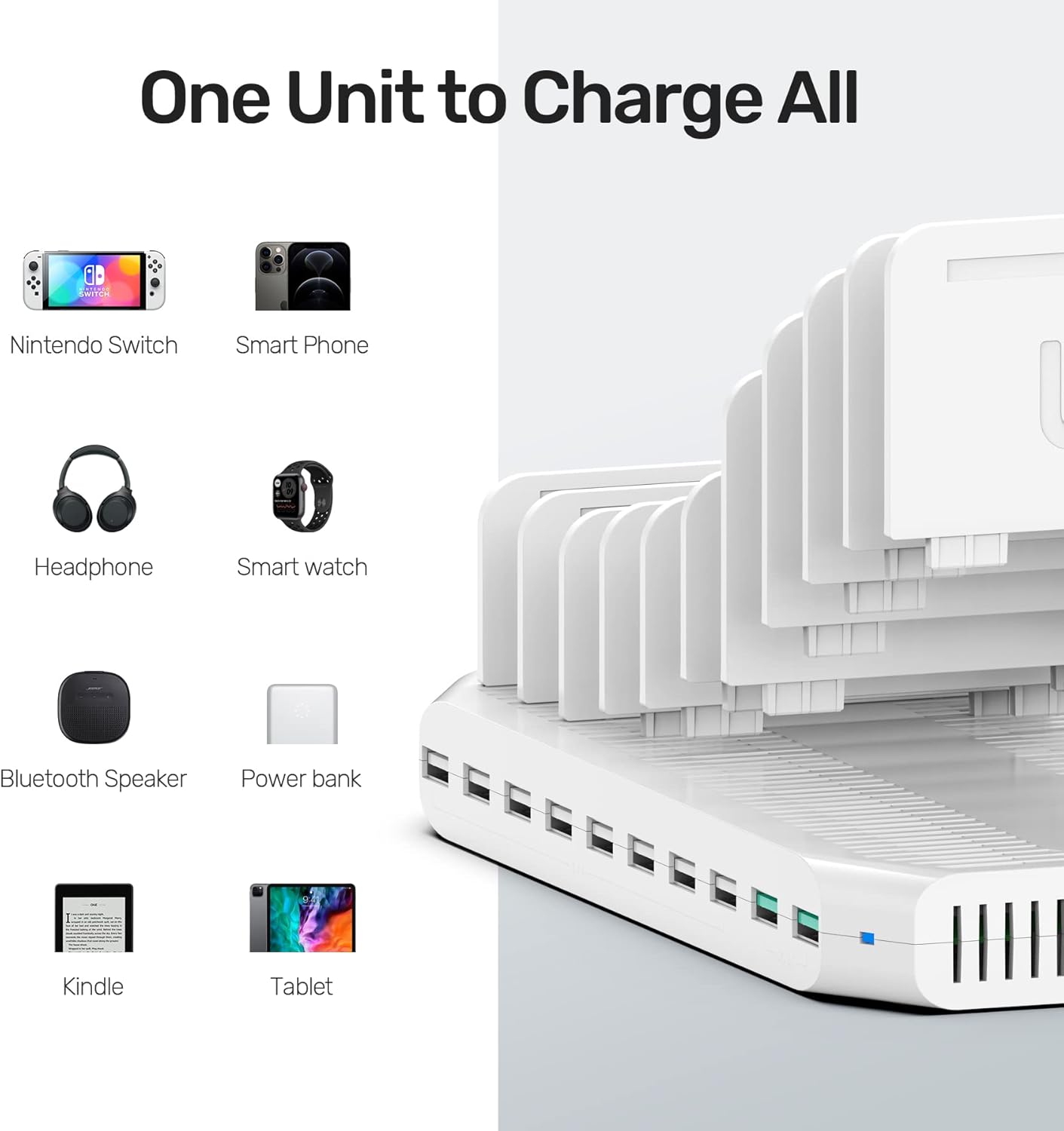 iPad Charging Station, Unitek 96W 10-Port USB Charging Dock Hub with Quick Charge 3.0, Charging Stand Compatible Multiple Device, Charging 8 iPads Simultaneously - [Upgraded Divider]