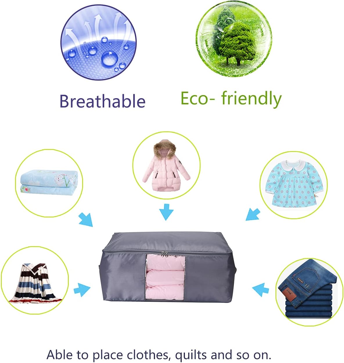 Comforter Storage Bags Containers,Pillow Beddings/Blanket Clothes Organizer Storage Containers With Zippers,Breathable and Moistureproof. (Grey 2pcs, L)