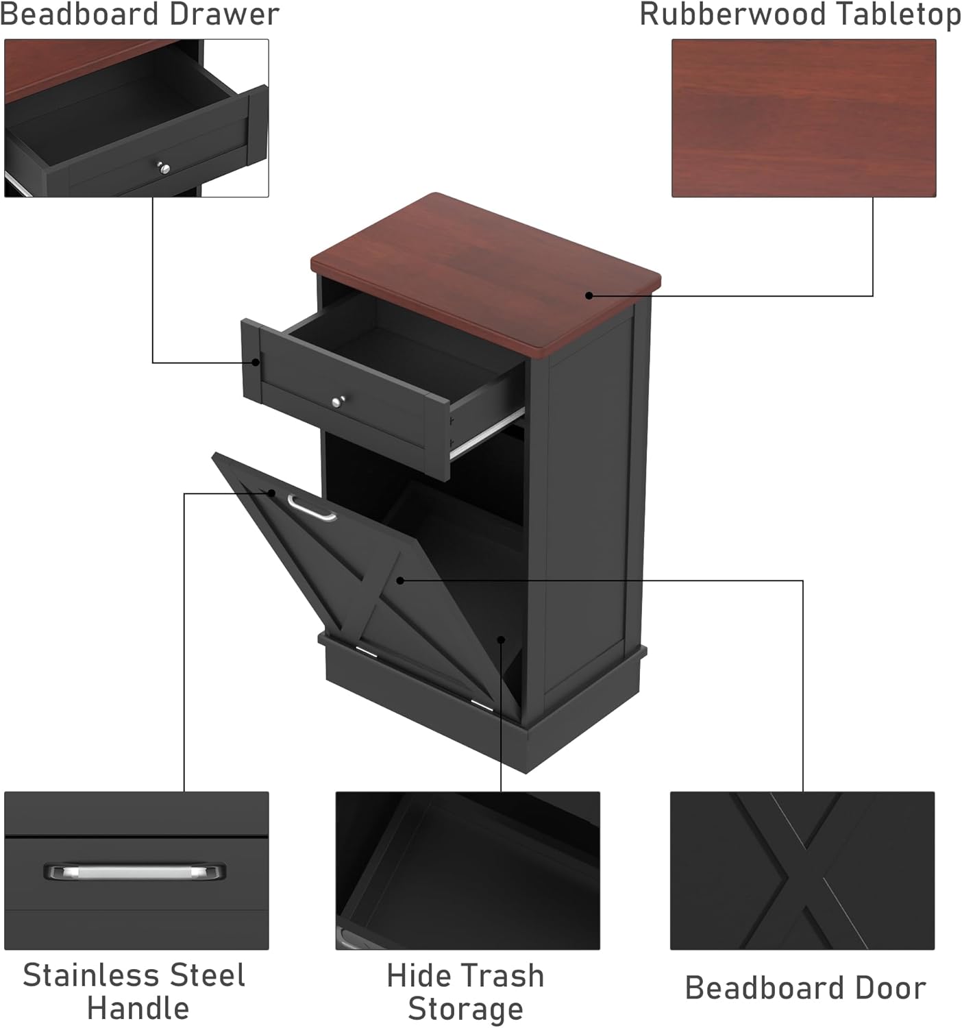 Betterhood Tilt Out Trash Cabinet 10 Gallon Wooden Free Standing Laundry Sorter Cabine,Recycling Cabine with Hideaway Drawer,Tilt Out Trash Cabinet Can Bin Kitchen (Black)