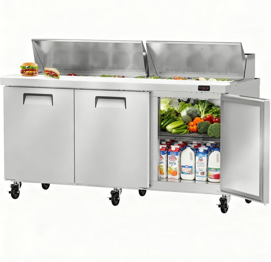 72" W Commercial Refrigerator Sandwich Salad Prep Table, Stainless Steel 3-Door Sandwich Prep Table Refrigerator, Counter Fan Cooling Refrigerator with 18 Pans for Restaurant, Bar