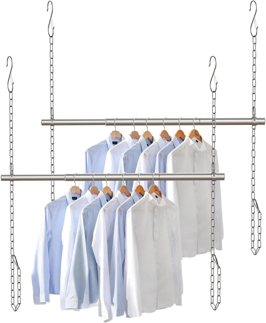 Hanging Closet Rod, Adjustable Width and Height Closet Rods Extender, 17-40inch Heavy-Duty Stainless Steel Bar, Space-Saving Closet Rod Hanging Clothes, 2Pack(Silver)