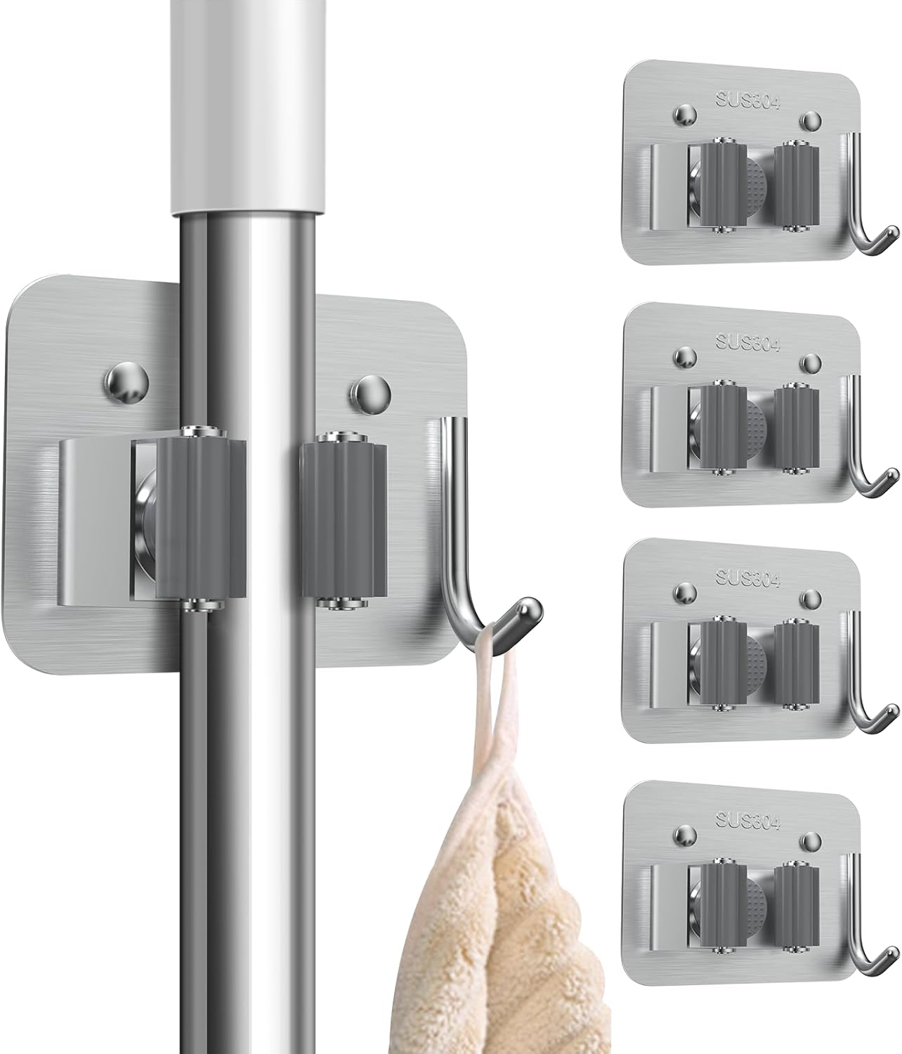 nacena Broom Holder Wall Mount, 4 Packs Silver Stainless Steel Mop and Broom Hanger with Hooks Heavy Duty Broom and Mop Organizer Wall Hanging for Bathroom