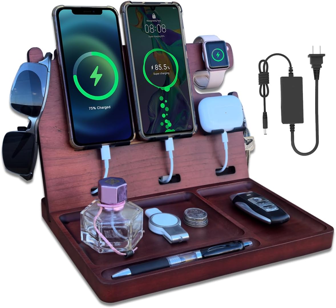 Wood Phone Docking Station for Men Nightstand Organizer Charger with 4 USB PD & QC3.0 Fast Charging Station for Multiple Devices iPhone Samsung Google Android Anniversary Birthday Gifts for Him
