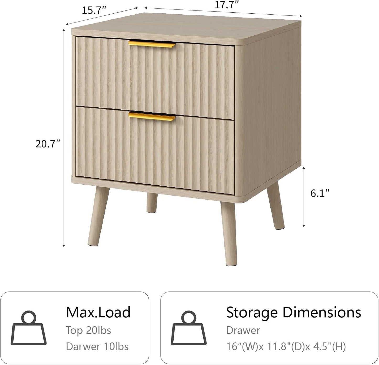 CARPETNAL Fluted Nightstand, Beige Bedside Table with 2 Drawers and Gold Handles, Wood End Table Mid Century Night Stands for Bedroom Living Room