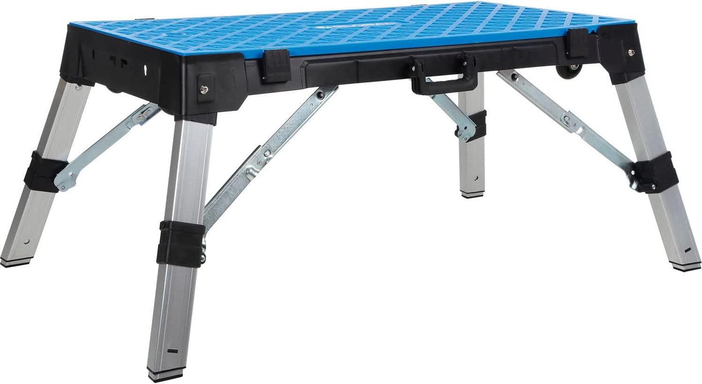 Global Industrial 4-in-1 Multi-Purpose Portable Workbench with Power Strip, All-in-One Workbench, Dolly, Creeper, and Platform, Plastic Top with Steel Legs