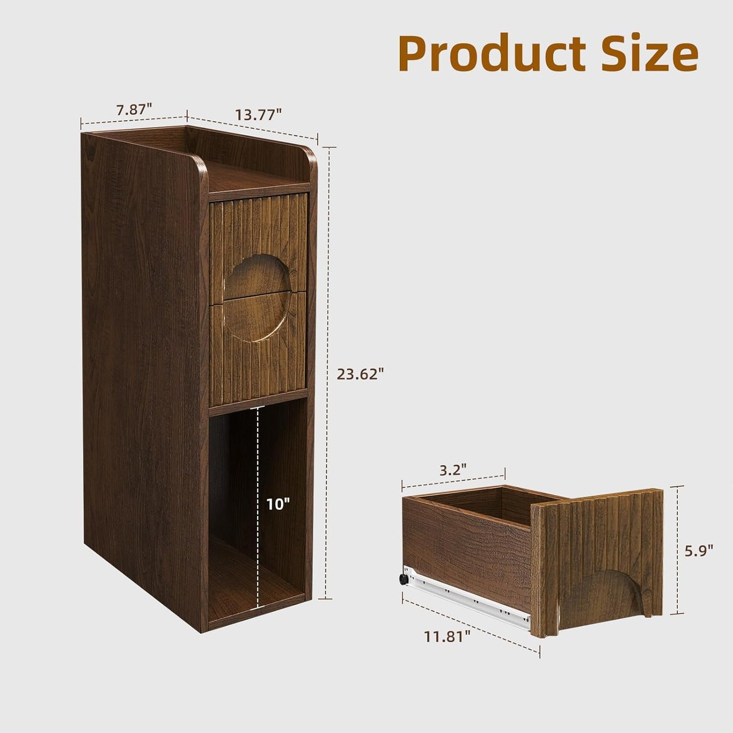 Slim Bedside Table Set of 2, Narrow Nightstand with Drawers, Fluted Wood Nightstand, Mid Century Modern End Table, Skinny Tall Nightstand, for Bedroom Walnut