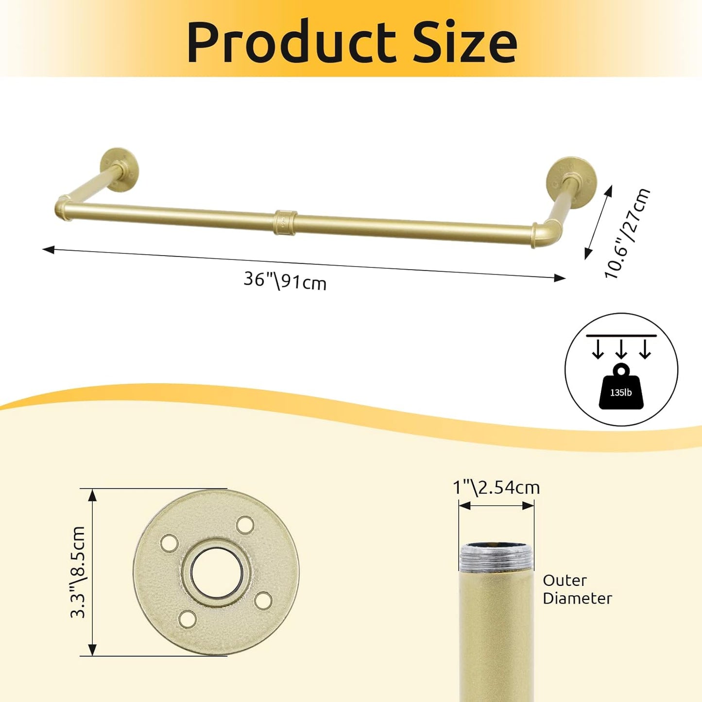 36 inch Gold Industrial Pipe Clothes Rack,Pipe Garment Rack Hanging Rod Bar for Closet Storage,Laundry Room Up to Max Load 135lbs