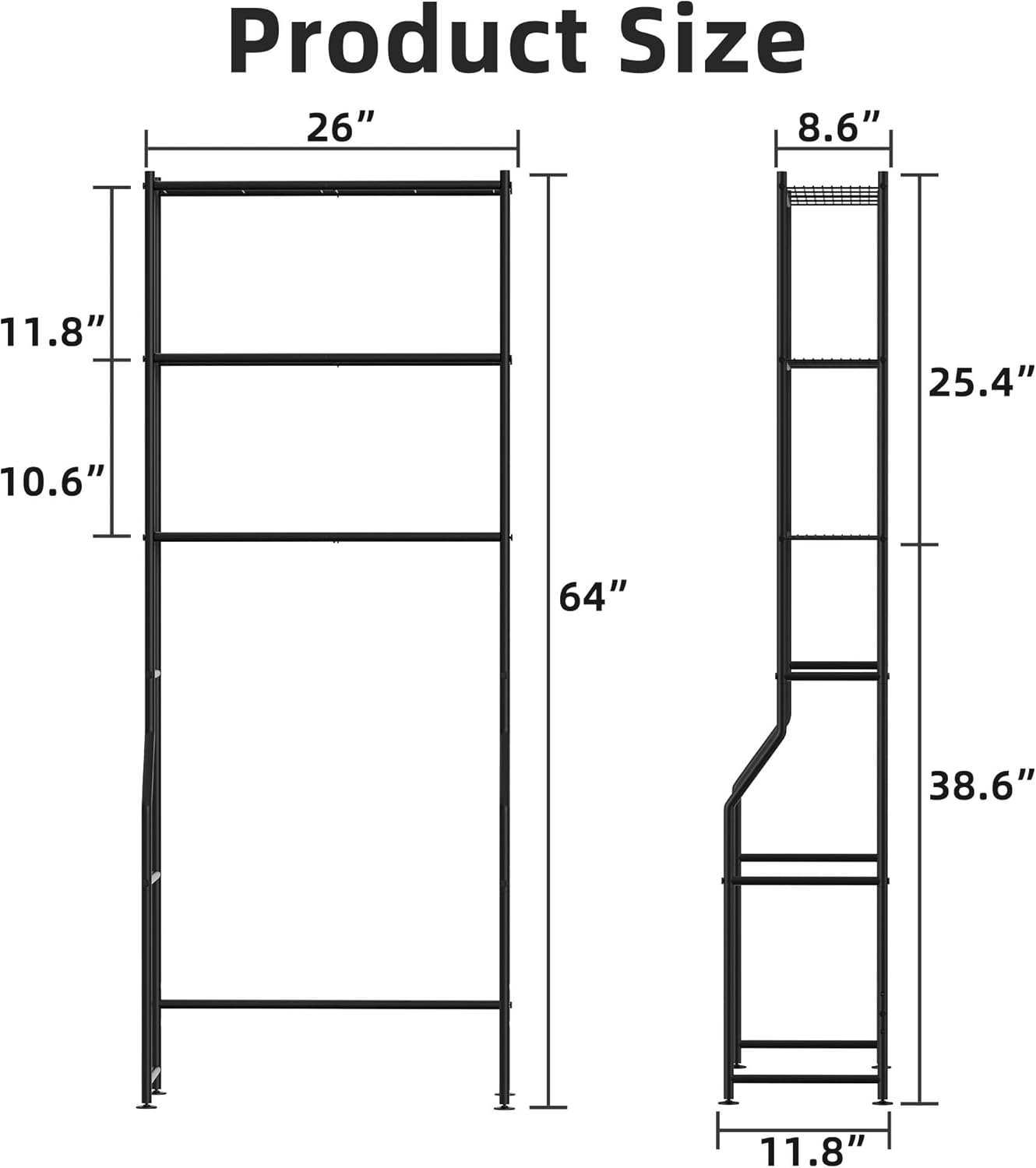 3-Tier Over The Toilet Storage, Freestanding Metal Bathroom Shelves, Space Saver Above The Over Toilet Storage Shelf for Bathroom (Black)