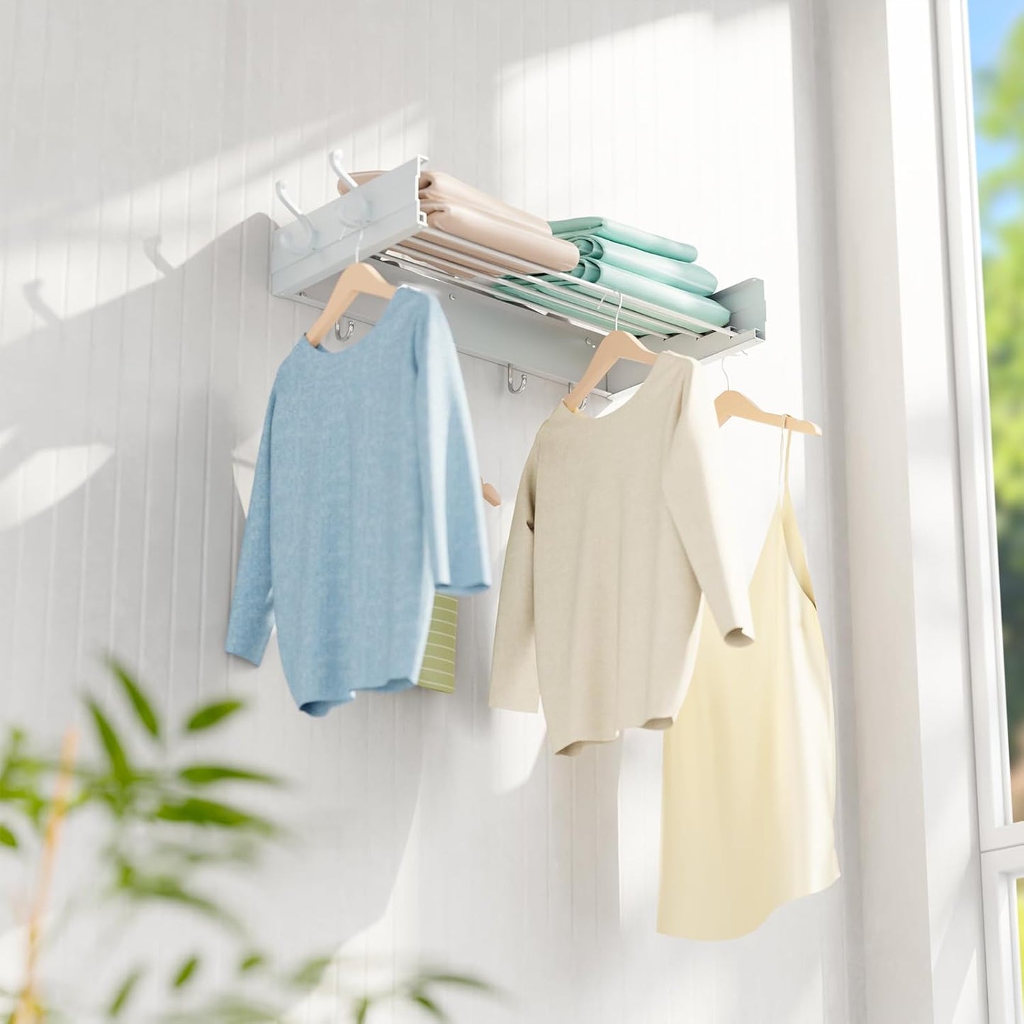 BAKON Wall Mounted Foldable Clothes Drying Rack - Indoor Outdoor Laundry Drying Rack with 4 Hooks & 4 Poles, Space Saving Concealed Design for Storage (23.6"【Upgrade】)