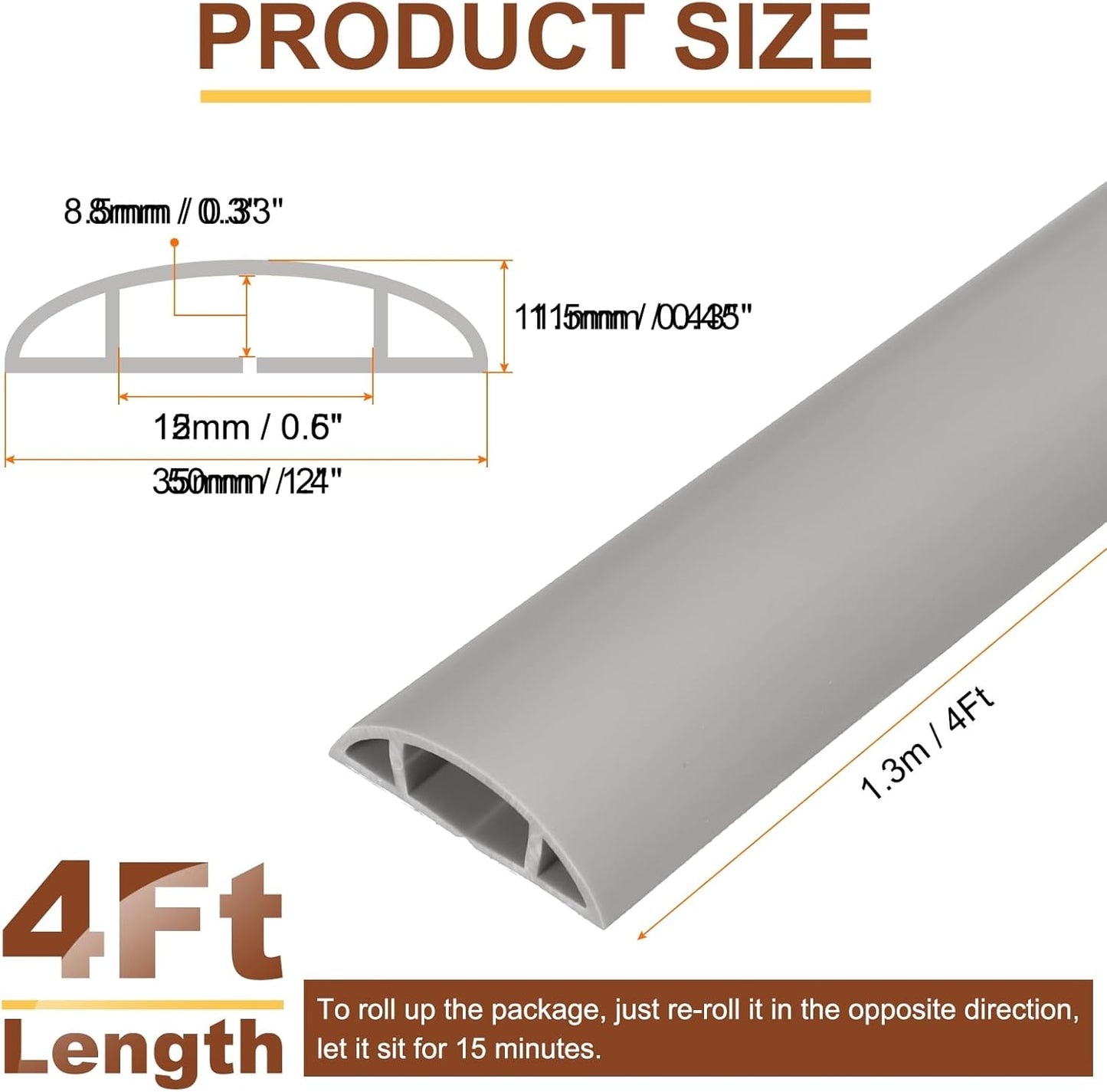 HARFINGTON 4ft Cord Cover Floor W0.6 x H0.33 Inner Channel PVC Hide Extension Cable Floor Wire Hider Wire Covers Protector for Prevent Cable Trips Cables Management, Grey