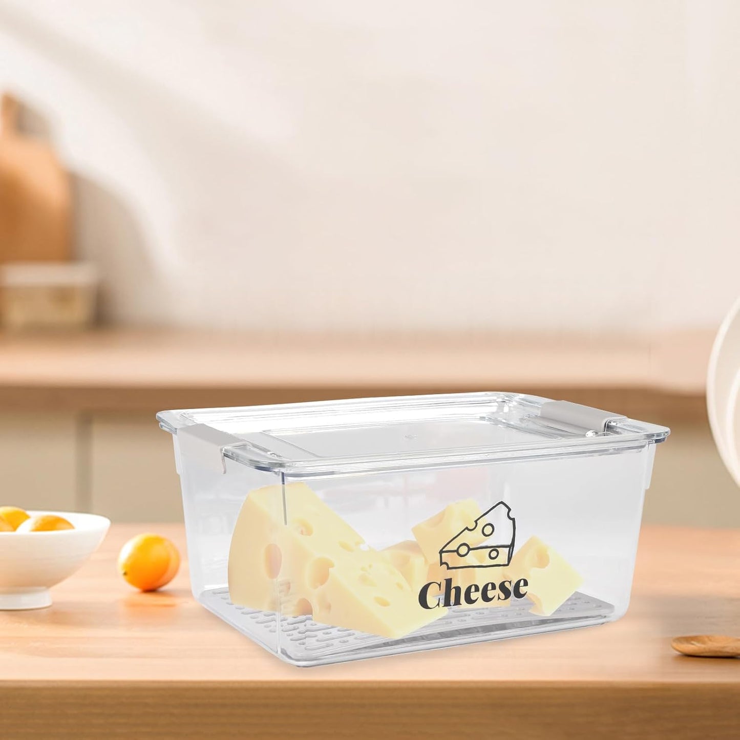 Cheese Container Airtight with Draining Basket Cream Cheese Sliced Cheeses Box with Lid Saver for Fridge Cheeses Keeper Cream Block Shredded Storage Box Saver (Clear)